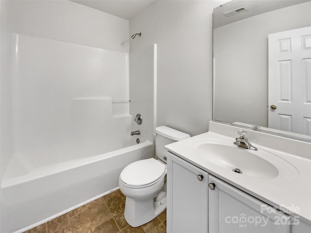 bathroom with toilet,  shower combination, vanity, and visible vents