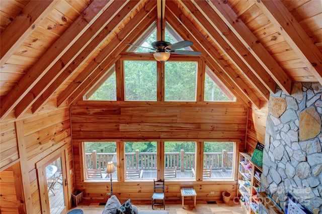 unfurnished living room with wooden walls, wooden ceiling, lofted ceiling with beams, and a ceiling fan