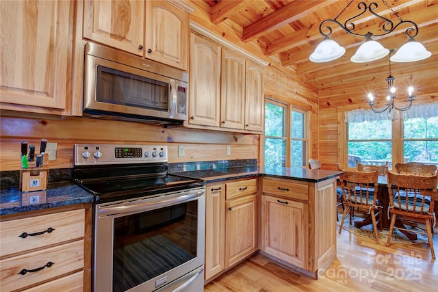 kitchen featuring light brown cabinets, beamed ceiling, wood ceiling, appliances with stainless steel finishes, and a notable chandelier