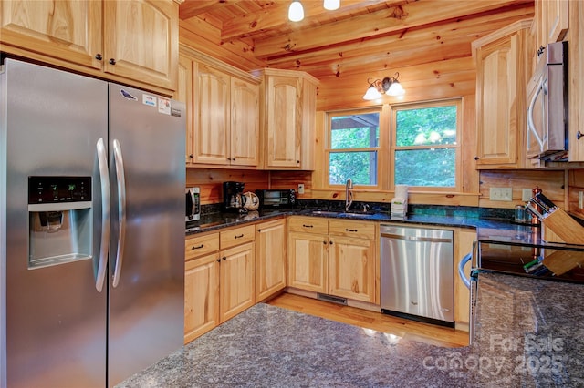 kitchen featuring a sink, appliances with stainless steel finishes, light brown cabinets, and wood ceiling