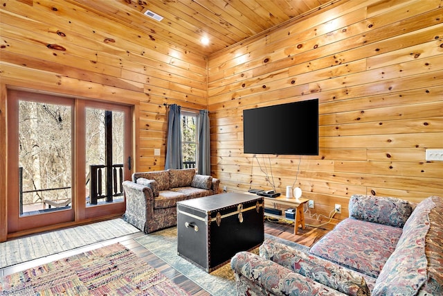 200 Blue Gill Dr, Lake Lure, NC 28746 - living area featuring wood walls, wooden ceiling, and wood finished floors