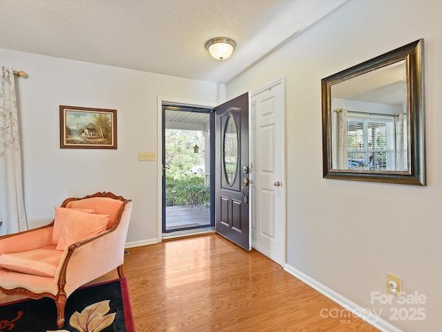 foyer with baseboards, a textured ceiling, a healthy amount of sunlight, and light wood finished floors