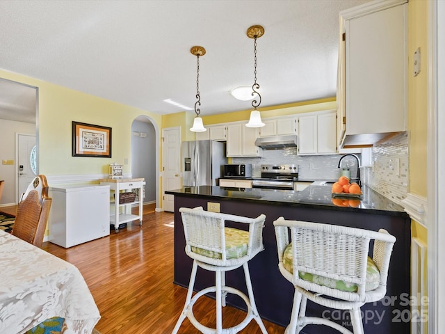 kitchen with arched walkways, a sink, stainless steel appliances, under cabinet range hood, and backsplash