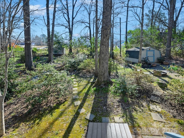 view of yard with an outbuilding and a shed