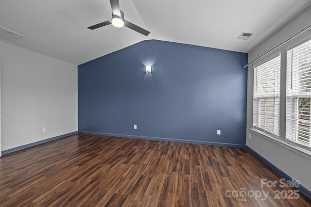 11712 Huxley Rd, Charlotte, NC 28277 - unfurnished room featuring baseboards, lofted ceiling, wood finished floors, and a ceiling fan