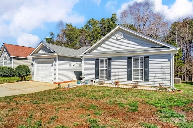 single story home featuring a front lawn, concrete driveway, and an attached garage