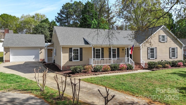 single story home featuring a garage, concrete driveway, a front yard, roof with shingles, and a porch