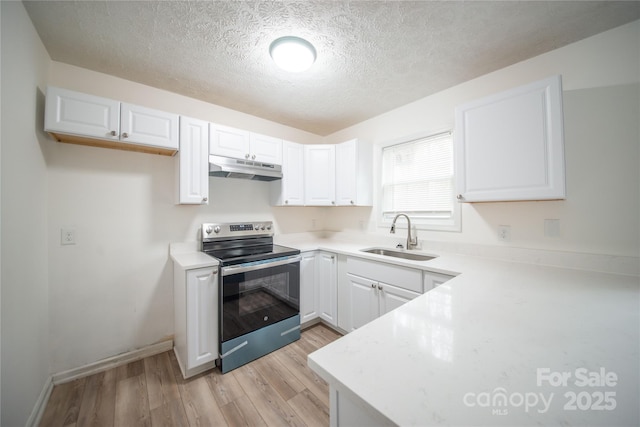 kitchen featuring electric stove, light wood finished floors, light countertops, a sink, and under cabinet range hood