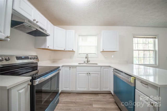 kitchen featuring stainless steel electric range, light wood-style flooring, a sink, under cabinet range hood, and dishwashing machine