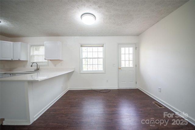 kitchen featuring light countertops, visible vents, dark wood-type flooring, white cabinetry, and a sink