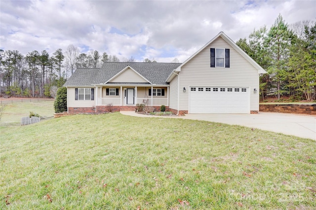 view of front of property with a porch, concrete driveway, a front yard, a shingled roof, and crawl space