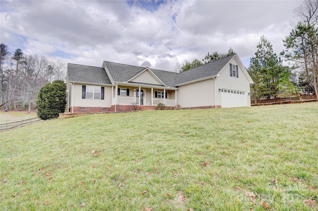 view of front of house with a shingled roof, a porch, a front lawn, and crawl space