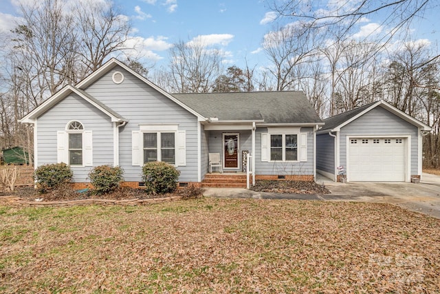 single story home with a garage, driveway, crawl space, and roof with shingles