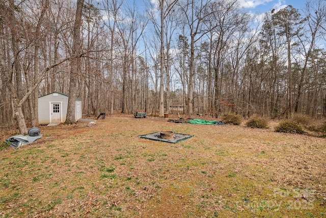 view of yard featuring a fire pit, a storage unit, and an outdoor structure