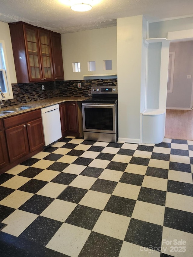 kitchen with a sink, electric stove, decorative backsplash, tile patterned floors, and dishwasher