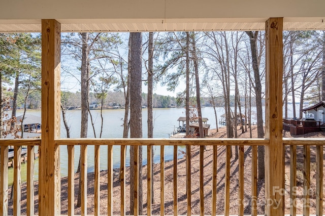 deck featuring a water view