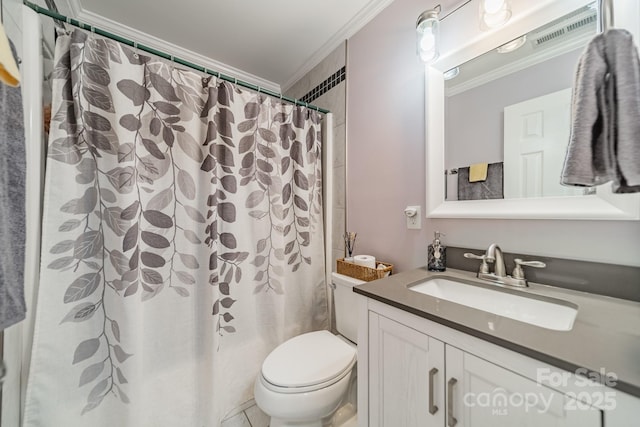 bathroom with curtained shower, toilet, vanity, visible vents, and ornamental molding