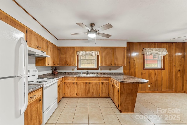 kitchen featuring brown cabinets, under cabinet range hood, a sink, white appliances, and a peninsula