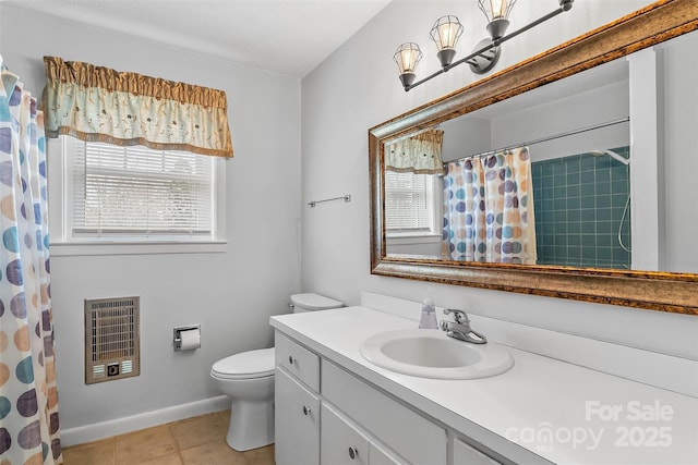 full bathroom featuring tile patterned floors, baseboards, toilet, heating unit, and vanity