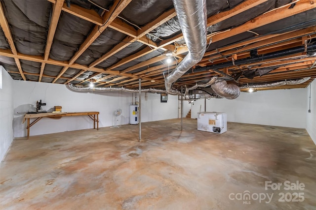 unfinished basement featuring electric panel and electric water heater