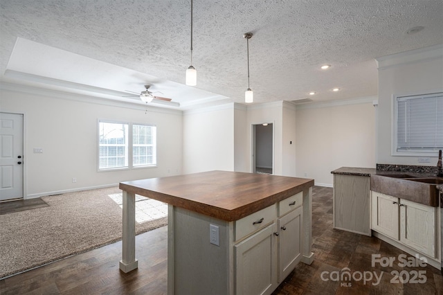 kitchen featuring a raised ceiling, open floor plan, a textured ceiling, wooden counters, and a sink