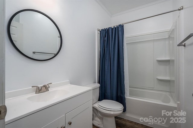 full bathroom featuring toilet, wood finished floors, vanity, ornamental molding, and shower / bath combo