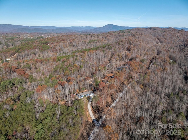 birds eye view of property with a mountain view and a view of trees