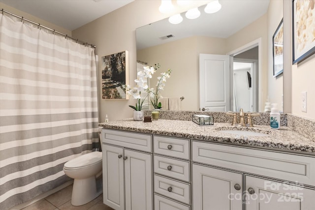 full bath with tile patterned flooring, visible vents, toilet, and vanity