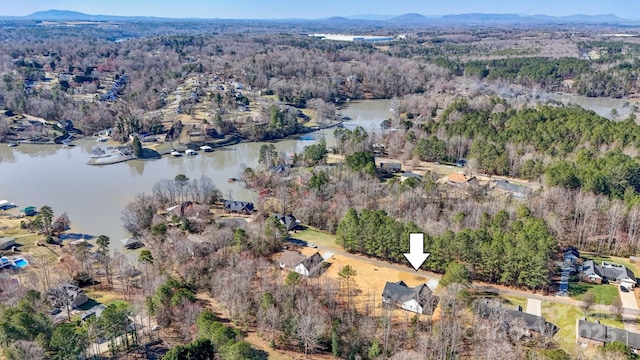 bird's eye view featuring a forest view and a water view