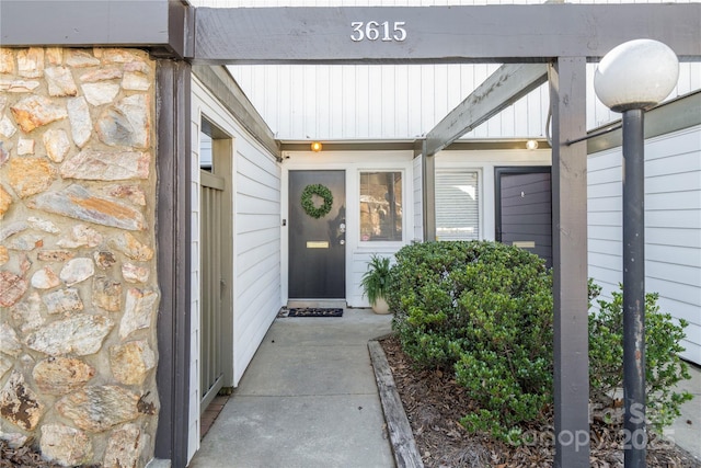 doorway to property featuring stone siding