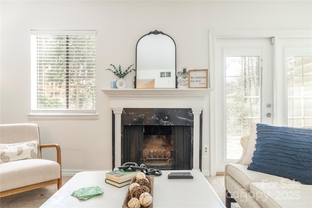 living area featuring baseboards and a high end fireplace