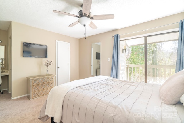 bedroom featuring ceiling fan, a textured ceiling, carpet floors, baseboards, and access to outside