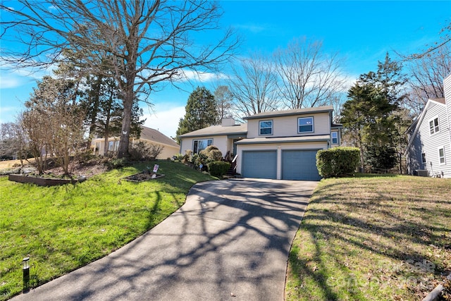 view of front of home featuring concrete driveway, a chimney, an attached garage, and a front yard