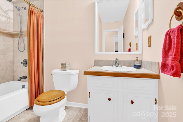 full bath with baseboards, toilet, shower / tub combo with curtain, tile patterned floors, and vanity