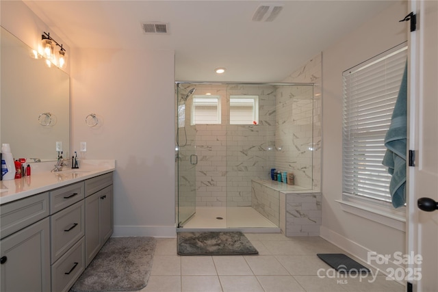 bathroom featuring a stall shower, visible vents, vanity, and baseboards