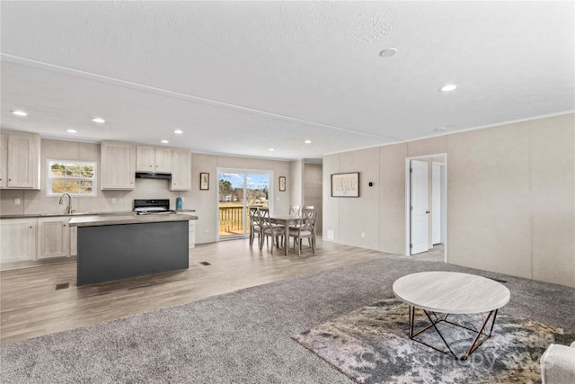 living area featuring a textured ceiling, light wood finished floors, visible vents, and recessed lighting