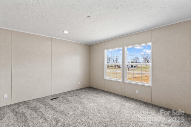 carpeted empty room with a textured ceiling and visible vents