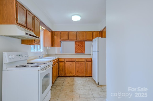 kitchen with under cabinet range hood, light countertops, brown cabinetry, white appliances, and a sink