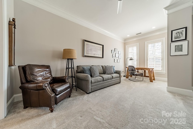 carpeted living area featuring recessed lighting, visible vents, baseboards, and crown molding