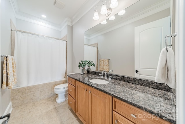 full bath featuring vanity, visible vents, crown molding, toilet, and tile patterned floors