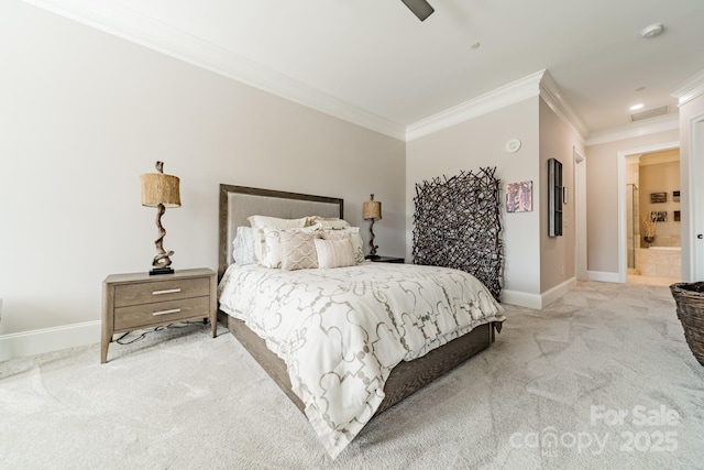 bedroom featuring baseboards, light colored carpet, ceiling fan, and crown molding