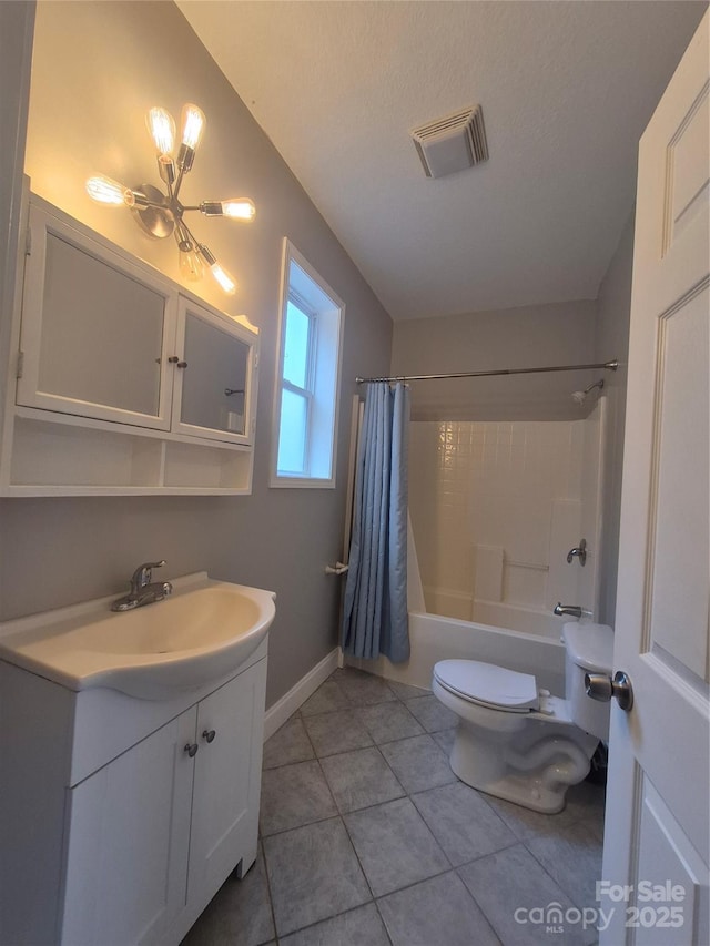 bathroom with tile patterned flooring, toilet, vanity, visible vents, and shower / bathtub combination with curtain