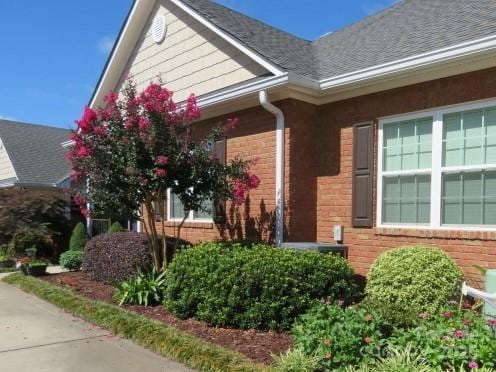 entrance to property with brick siding and a shingled roof