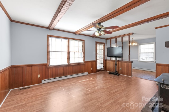 unfurnished living room featuring a baseboard heating unit, beamed ceiling, visible vents, and a wainscoted wall