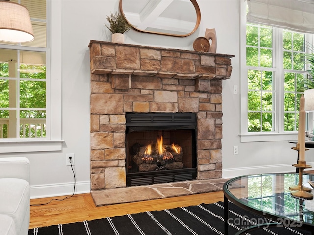 interior details with baseboards, a parking lot, a stone fireplace, and wood finished floors