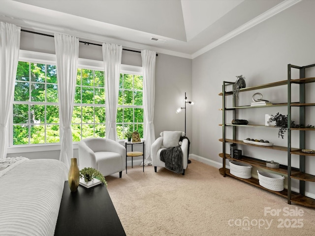 sitting room featuring carpet flooring, visible vents, and plenty of natural light
