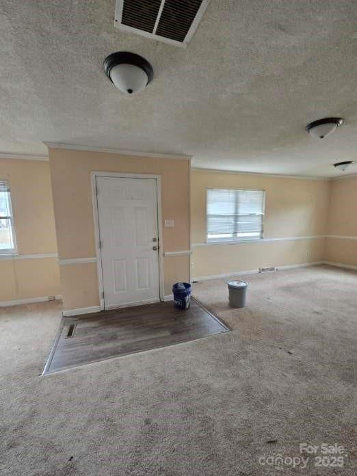 carpeted entrance foyer featuring baseboards, visible vents, and a textured ceiling