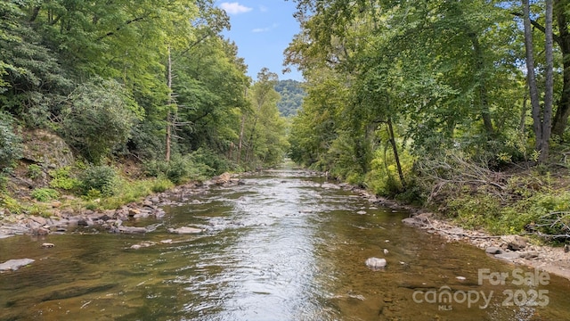 property view of water with a forest view