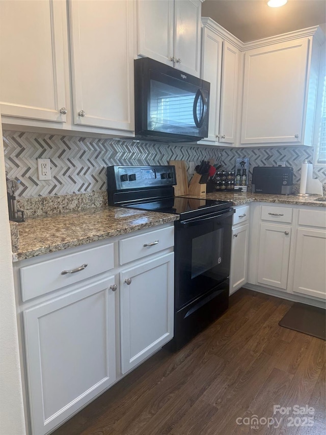 kitchen with black appliances, dark wood-style flooring, backsplash, and white cabinetry