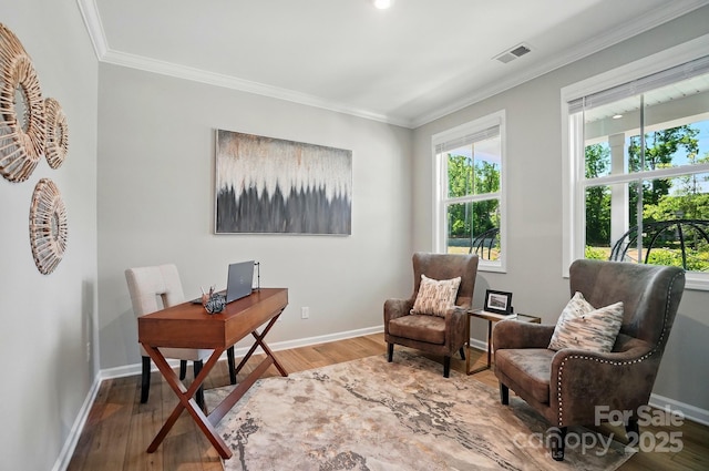 9843 Quercus Ln, Huntersville, NC 28078 - office area with crown molding, wood finished floors, and baseboards